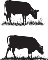 Silhouette of a cow standing on a grass black and white