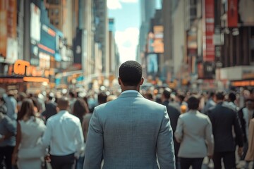 Fototapeta premium Anonymous Man in Grey Blazer, Back View, Sunlit Metropolitan Street