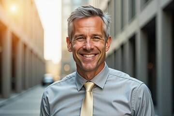 Fototapeta premium Confident Business Leader Smiling in a Bright Urban Professional Setting