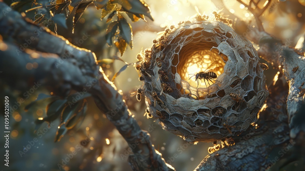 Poster honeycomb nest with insects in a tree branch at sunrise. sunlight streams through the opening of the