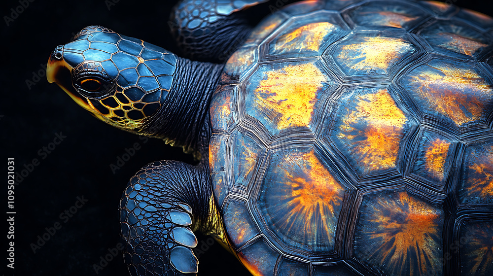 Poster a turtle that has a dark blue and yellow pattern on its shell.