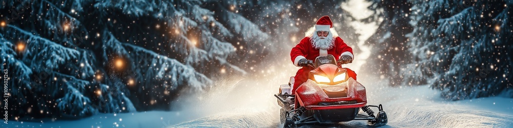 Poster a red snowmobile with santa claus riding on it. the snowmobile is on a snowy road and the scene is s