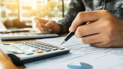Fototapeta premium Financial consultant analyzing data with calculator and documents