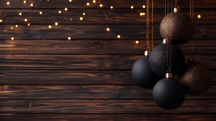 Fototapeta premium Elegant black and gold Christmas ornaments hanging against a dark wood background with warm string lights. A festive and sophisticated holiday image.