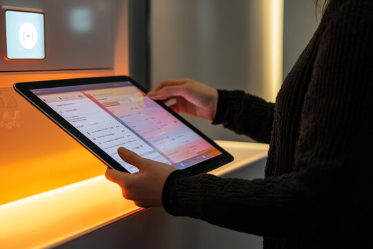 person using tablet to interact with digital interface in modern setting. warm lighting enhances tech savvy atmosphere