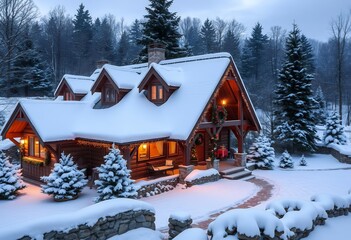 Cozy Snow Covered Log Cabin Winter Wonderland Christmas Home