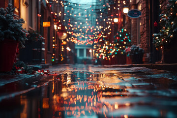 Fototapeta premium cozy and inviting scene of festive alleyway adorned with colorful lights, reflecting on wet cobblestones, creating warm atmosphere during holiday season
