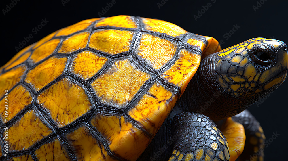 Poster a close-up view of a turtle showcasing its vibrant yellow and black shell patterns.