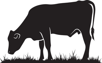 Silhouette of a cow standing on a grass black and white