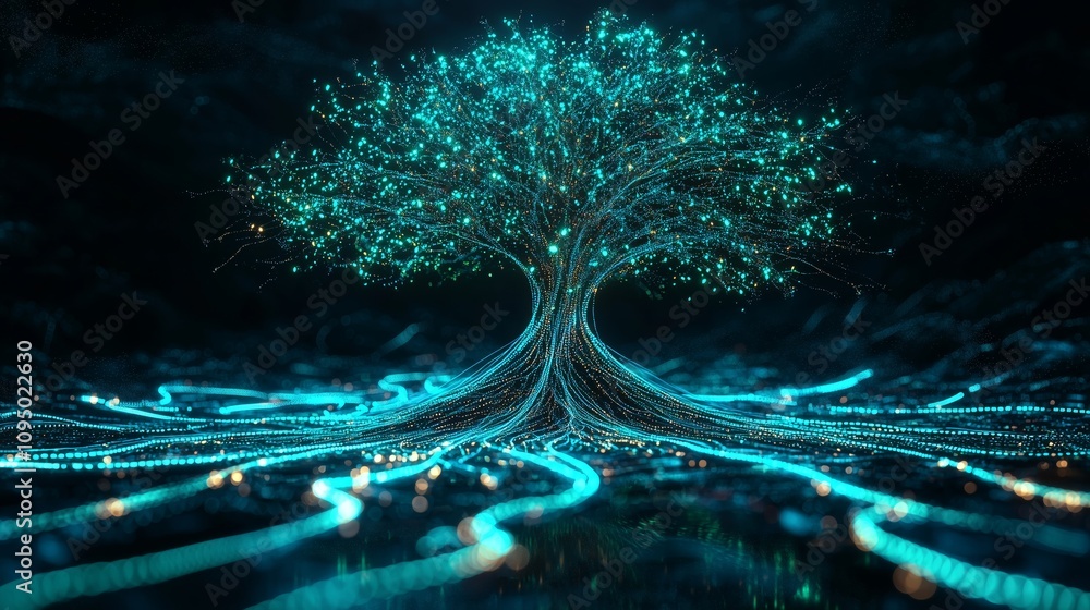 Poster digital tree representation with glowing branches and roots in a futuristic style, showcasing the in