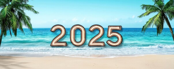 Fototapeta premium A beach scene with palm trees and the year 