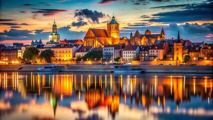 Fototapeta premium Long Exposure Night View of Torun, Poland - Captivating Travel Skyline with Iconic Landmarks and Streets in a Black City Illustration