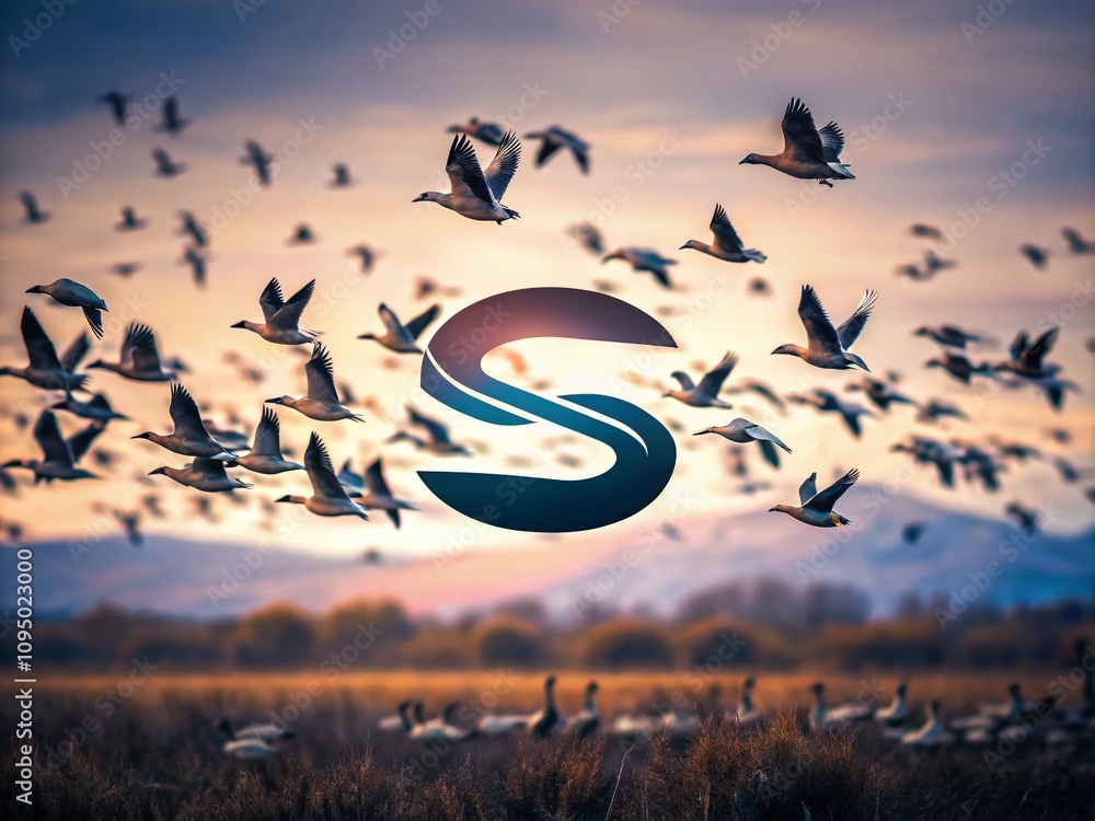 Poster long exposure of an s logo surrounded by flock of birds in motion, disintegrating into the sky, crea