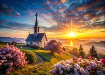 Fototapeta premium Long Exposure of a Serene Easter Sunrise Over a Church, Illuminating the Cross and Surrounding Nature with Soft Light and Vibrant Colors for a Peaceful Religious Atmosphere