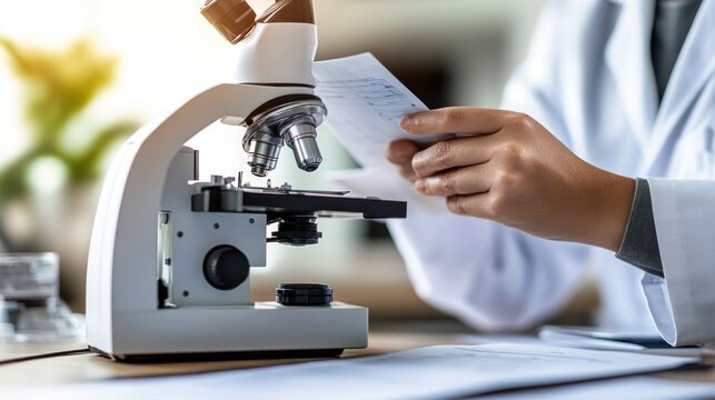 Laboratory Researcher Analyzing Microscope Slides in Modern Scientific Environment with Document in Hand for Data Collection and Experimentation