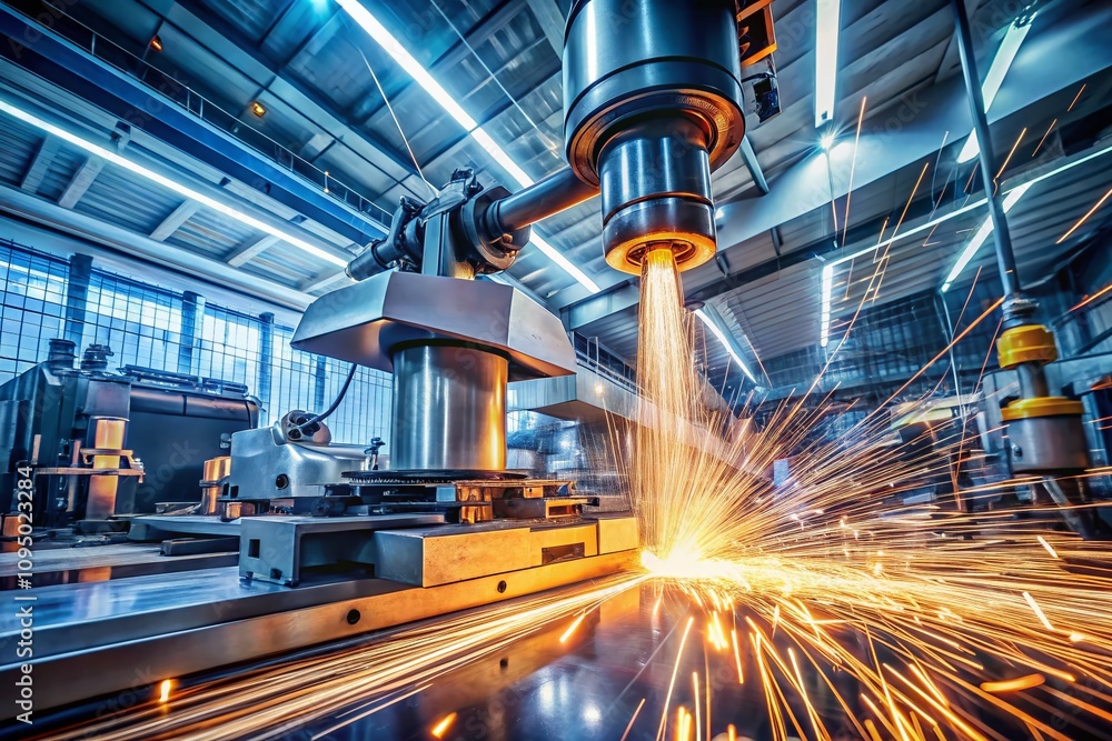 Poster long exposure of automated metal machining process in a modern factory, showcasing precision, effici