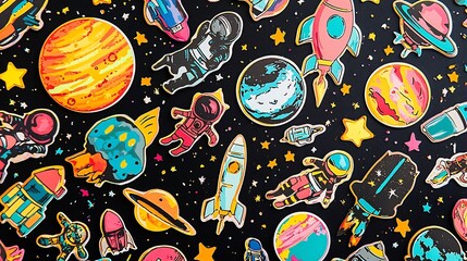 Vibrant and Colorful Cosmic Themed Sticker Collection Featuring Planets Stars Rockets Astronauts and Other Celestial Elements in a Whimsical Outer Space Style