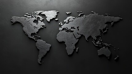 A world map is prominently featured on a dark textured background, showcasing the continents and emphasizing geographical outlines and details in a modern design.