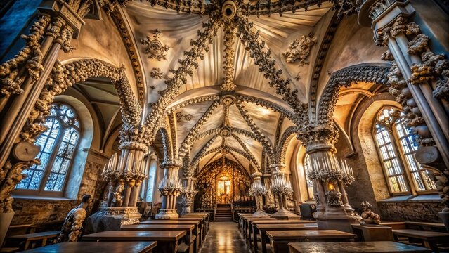 Long Exposure of the Kostnice Bone Church Capturing the Intricate Details of Human Bone Decorations in a Unique Gothic Architecture Setting