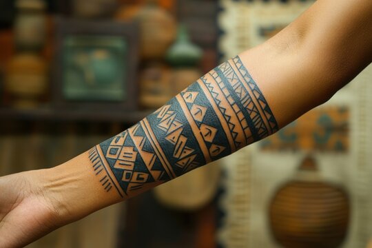 A dark geometric forearm tattoo band design