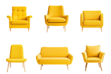 A collection of yellow chairs and couches. on transparent background.