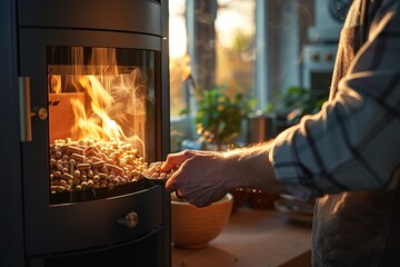 A close-up of a guy loading a wood pellet stove as the scene outside a sunny window is fuzzy evoking a comfortable and textural atmosphere, Generative AI.