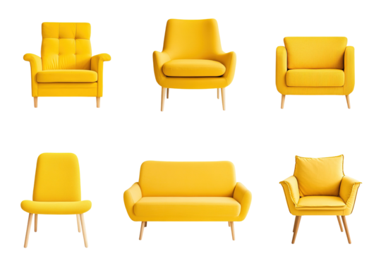 A collection of yellow chairs and couches. on transparent background.