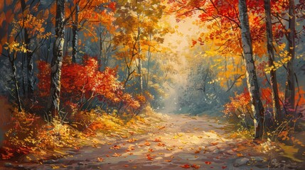Fototapeta premium Autumn forest path bathed in sunlight, vibrant colors of fall foliage.