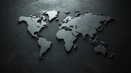A world map is prominently featured on a dark textured background, showcasing the continents and emphasizing geographical outlines and details in a modern design.