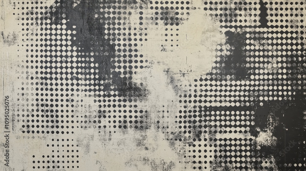 Poster abstract textured pattern with contrasting dots and smudges in monochrome tones.