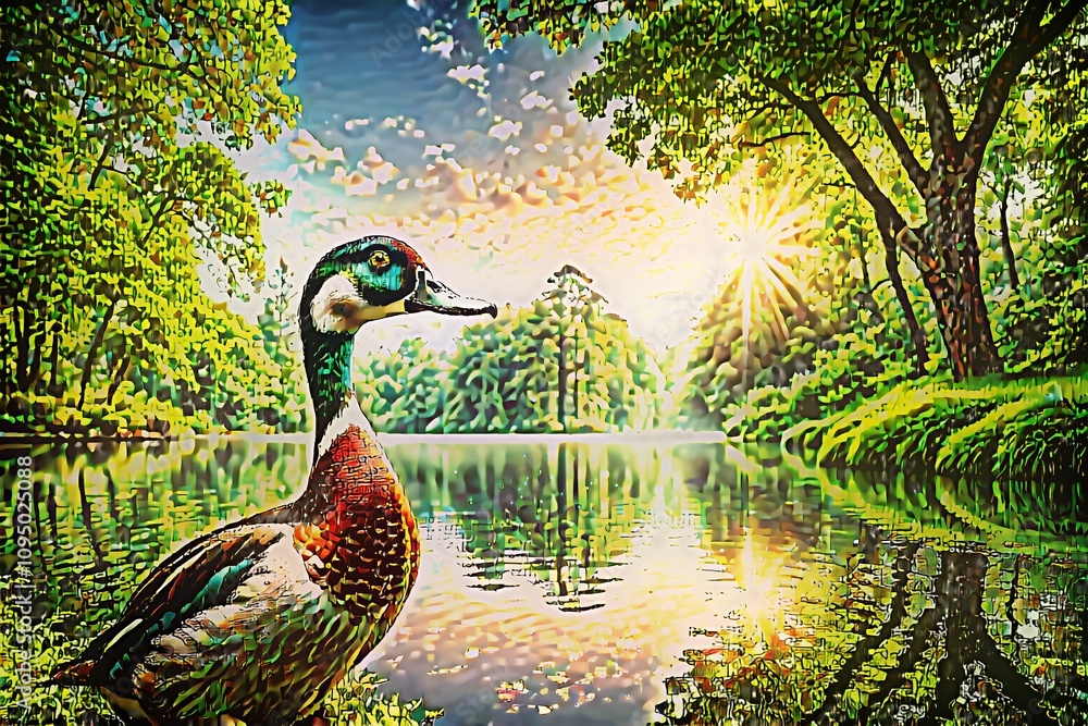 Poster long neck duck in scenic nature setting with copy space for text, capturing the unique features of t
