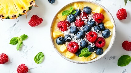 A pineapple smoothie bowl topped with fresh berries and coconut flakes, styled on a white marble background
