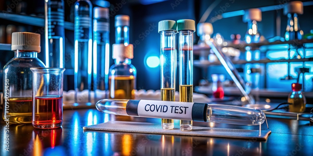Poster low light photography of a covid test sample in a laboratory environment with soft lighting and focu