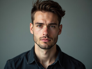 Fototapeta premium Portrait of serious young man looking at camera with neutral expression