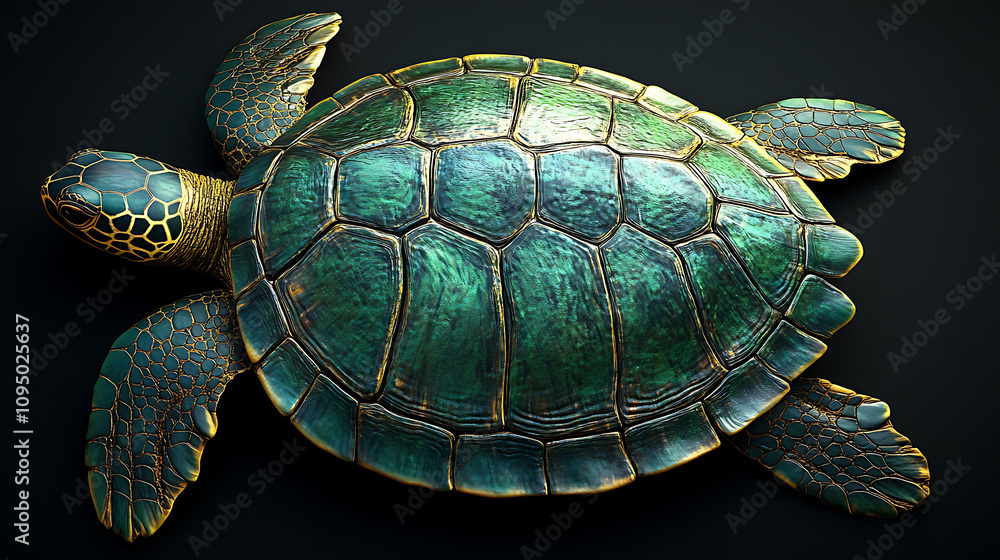 Poster a detailed 3d rendering of a green sea turtle showcasing its shell and textures.
