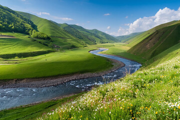 Obraz premium A vibrant river meanders through a green valley, framed by mountains and dotted with colorful wildflowers in springtime, ai.