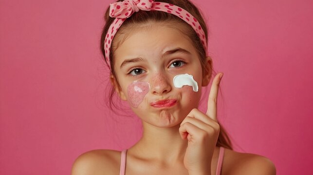 Young girl with polka dot headband applying face cream, playful expression against pink background. Skincare routine and beauty concept for teens.