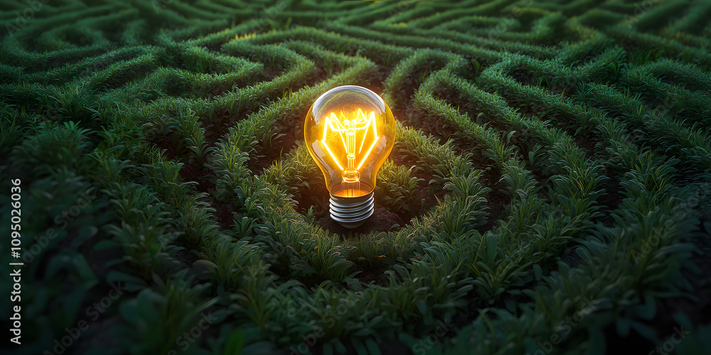 Poster a glowing lightbulb sits at the center of a sprawling, green maze, symbolizing an idea or solution w