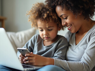 Mother and daughter using smartphone and laptop together on sofa