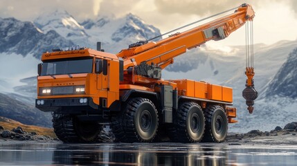 Fototapeta premium Powerful Orange Crane Truck. 