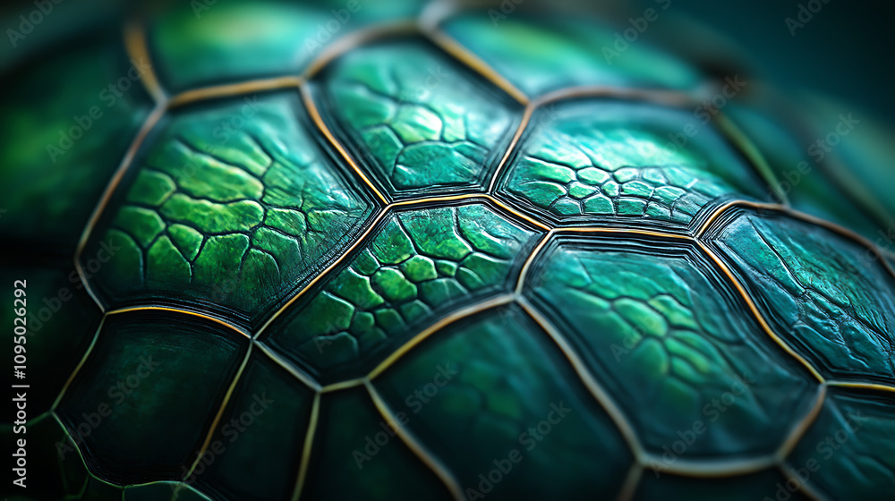 Poster close-up of a textured green turtle shell showcasing intricate patterns and colors.
