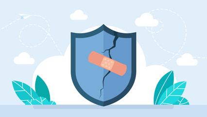 A cracked shield with a plaster. Broken Shield. Isolated on White Background. Cracked shield emblem. Security breach symbol. Protection failure. Vector illustration