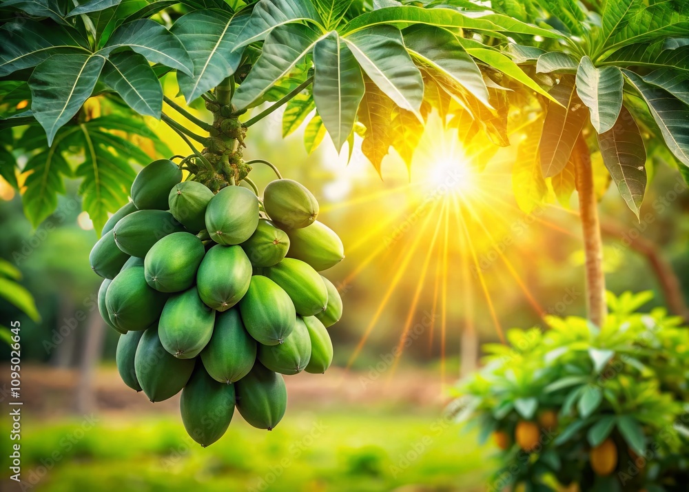 Poster lush and vibrant full grown paw paw tree surrounded by a dreamy bokeh effect in a serene garden sett
