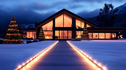 Obraz premium A modern home glows warmly on a snowy winter evening, illuminated by strings of lights leading to the entrance. Two decorated Christmas trees stand sentinel on either side.