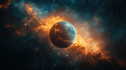 Obraz premium A vibrant cosmic scene featuring a glowing planet amidst colorful nebulae.