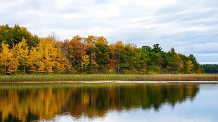 A lake with a forest in the background