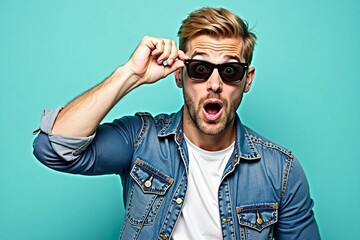 Obraz premium Shocked Male Portrait with Sunglasses and Denim in a Vibrant Turquoise Setting