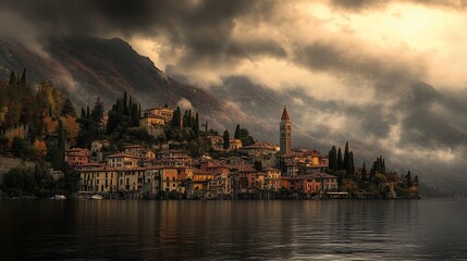 Naklejka premium A picturesque village nestled at the foot of a mountain range with a dramatic sky.