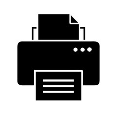 Minimalist black flat printer icon featuring a clean and modern design. The icon showcases a simplified silhouette of a printer, suitable for digital applications, websites, mobile a