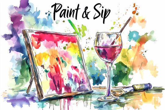 Wine glass with colorful watercolor canvas in a creative paint and sip setup.